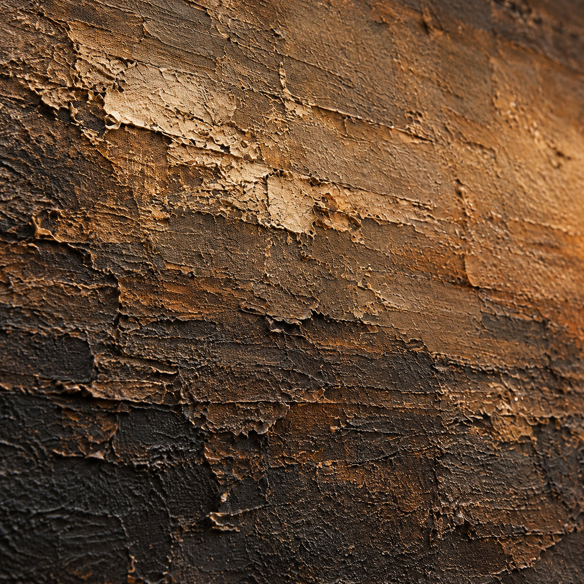 Close oblique detail of the painting's brown and ochre layers, with grazing light revealing raised ridges and shallow shadows.