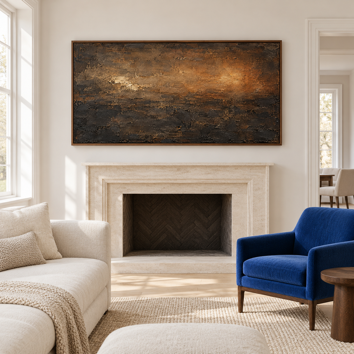 Wide brown and ochre abstract painting above a pale stone fireplace, viewed from the left with ivory seating and a dark wood side table.