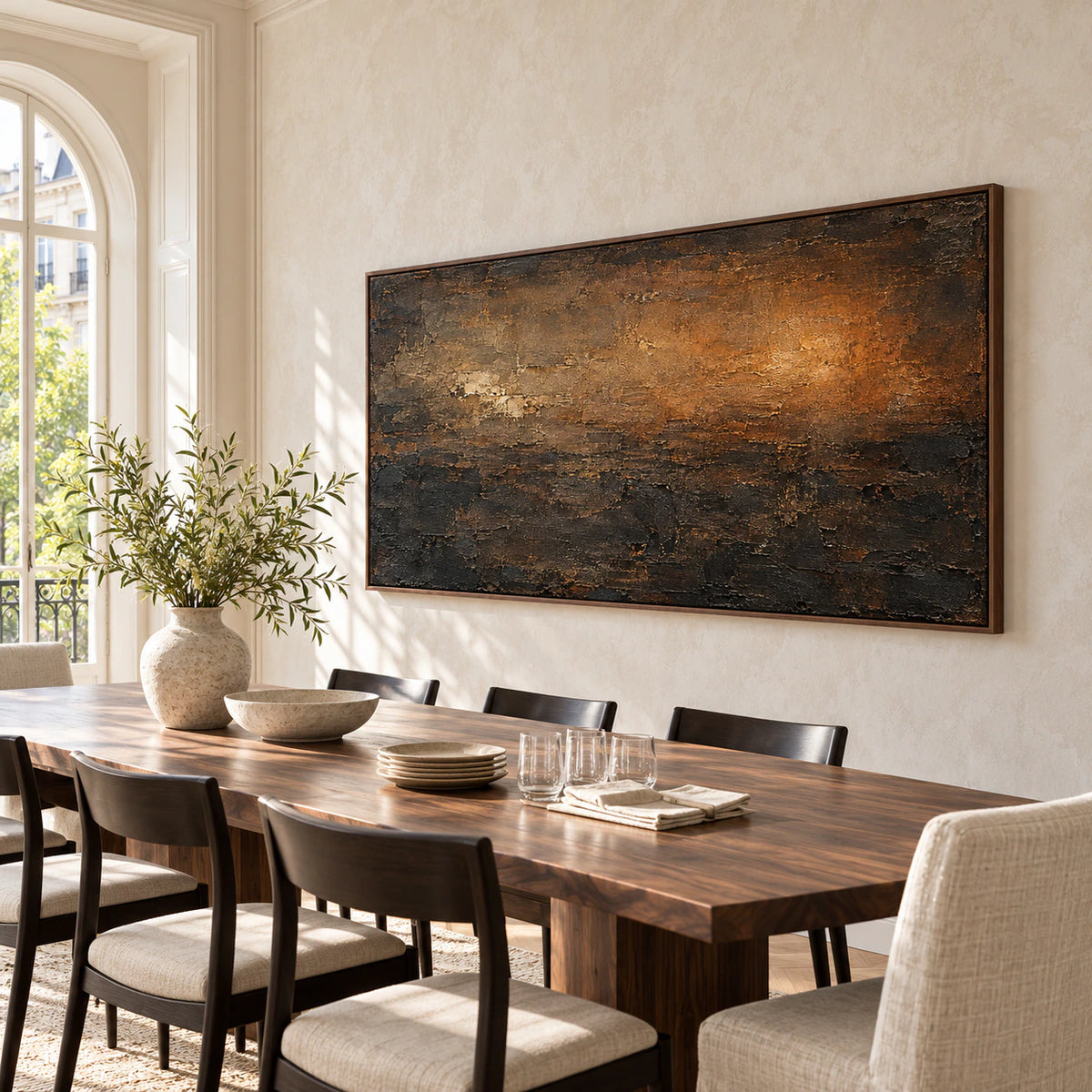 Wide brown and ochre abstract painting on a light plaster wall, viewed from the right with a long walnut dining table, dark chairs and pale tableware.