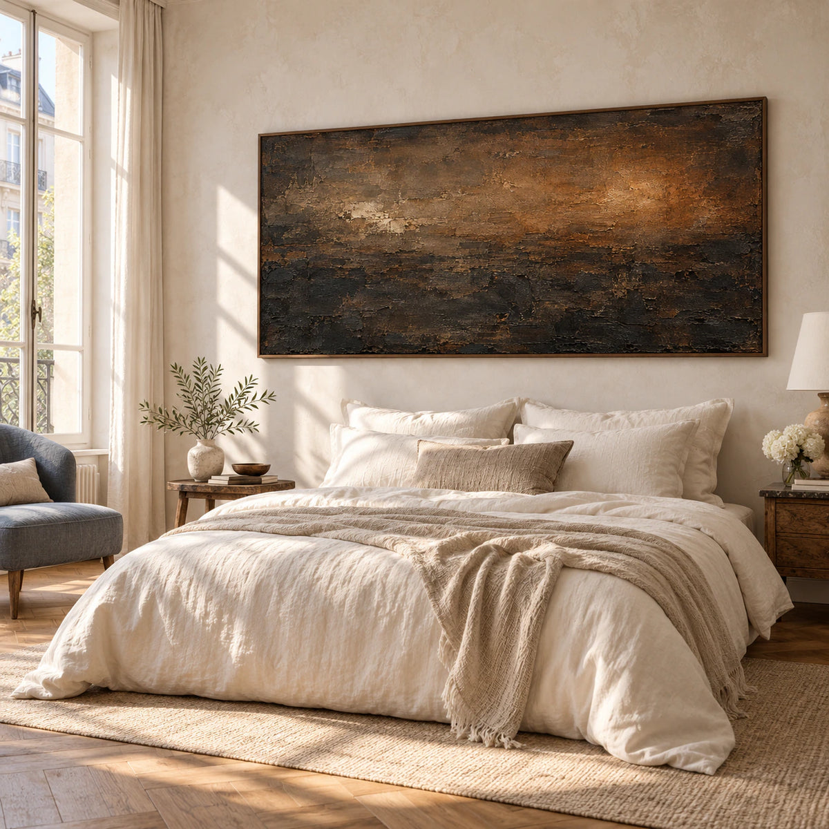 Wide brown and ochre abstract painting above a low bed with ivory linen, viewed from the left foot of the bed with a muted blue-gray chair nearby.