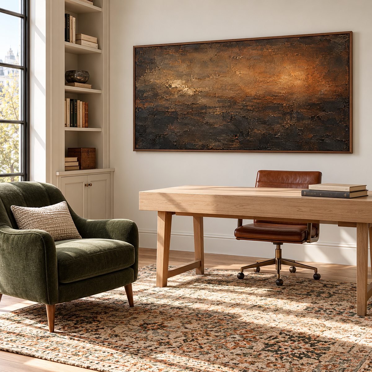 Wide brown and ochre abstract painting above a pale oak desk, viewed from the right at standing height with a deep green reading chair and open shelving.