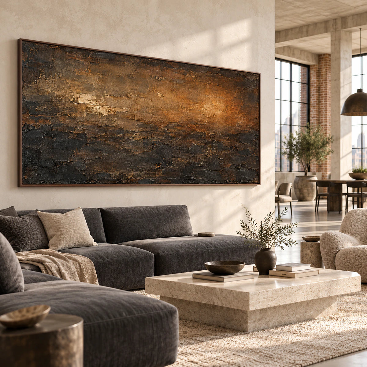 Wide brown and ochre abstract painting in a bright loft with tall windows, pale concrete and a charcoal sofa, viewed from the right at low seated height.