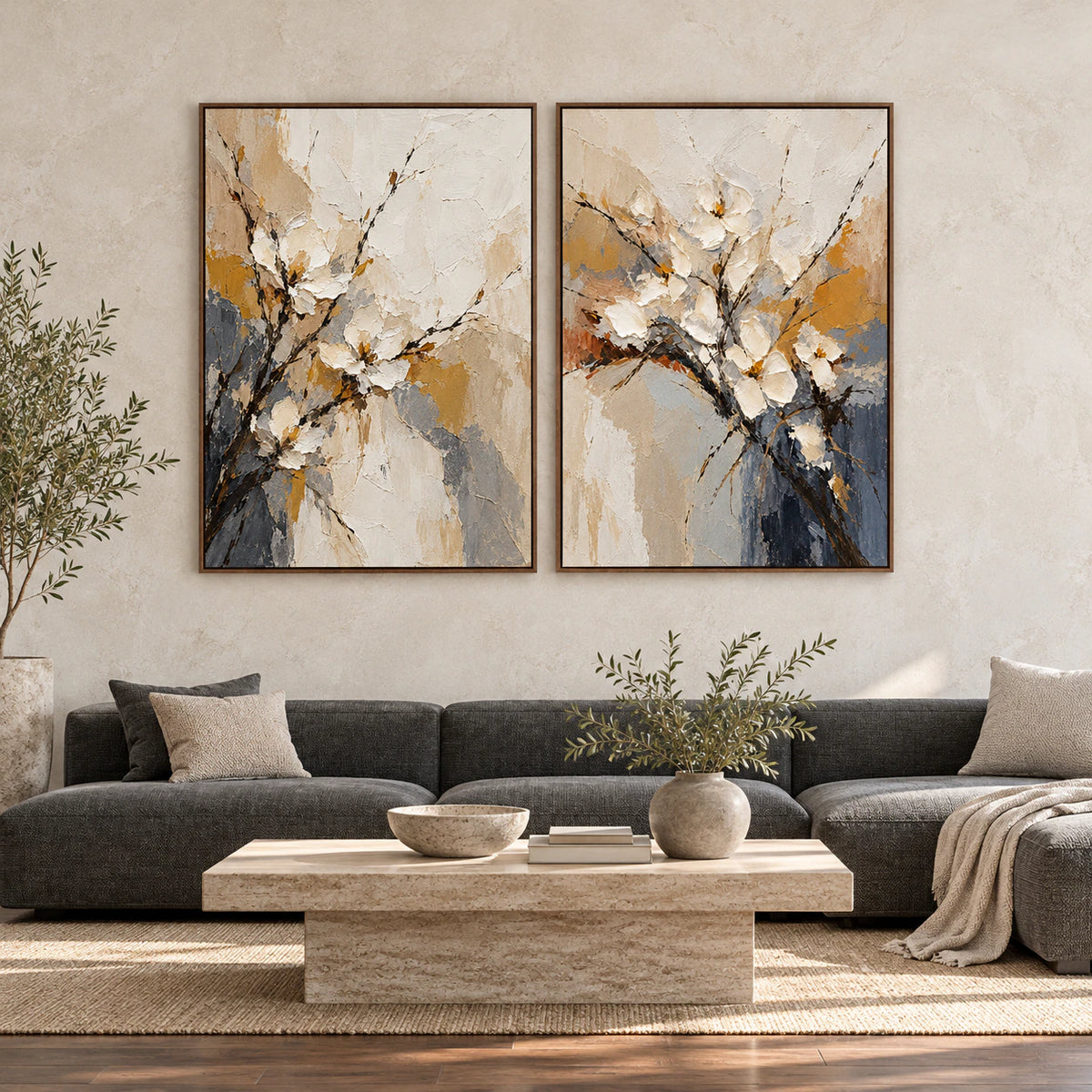Large straight-on gallery wall featuring the Ember-Bloom two-canvas floral diptych in slim walnut frames.
