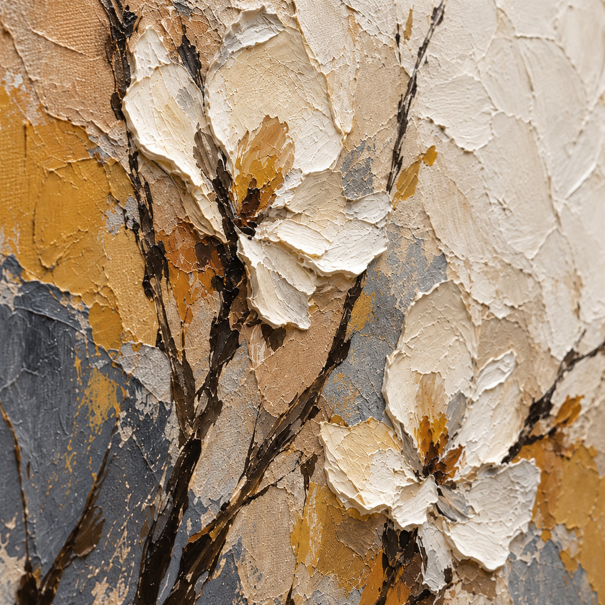 Ember-Bloom oil painting brushwork and impasto detail photographed from an oblique side angle