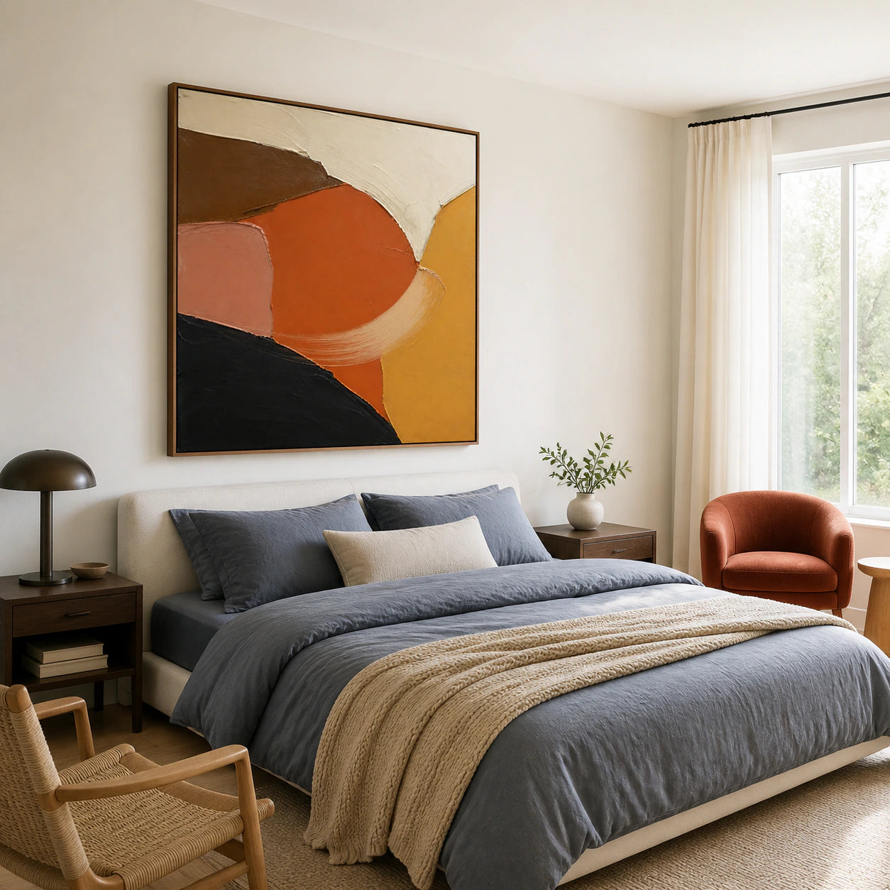 Ember-Contour bringing warm sculptural contrast to a quiet bedroom.
