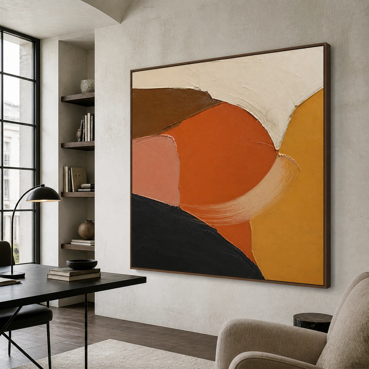 Ember-Contour as a large focal point in an airy home office reading space.