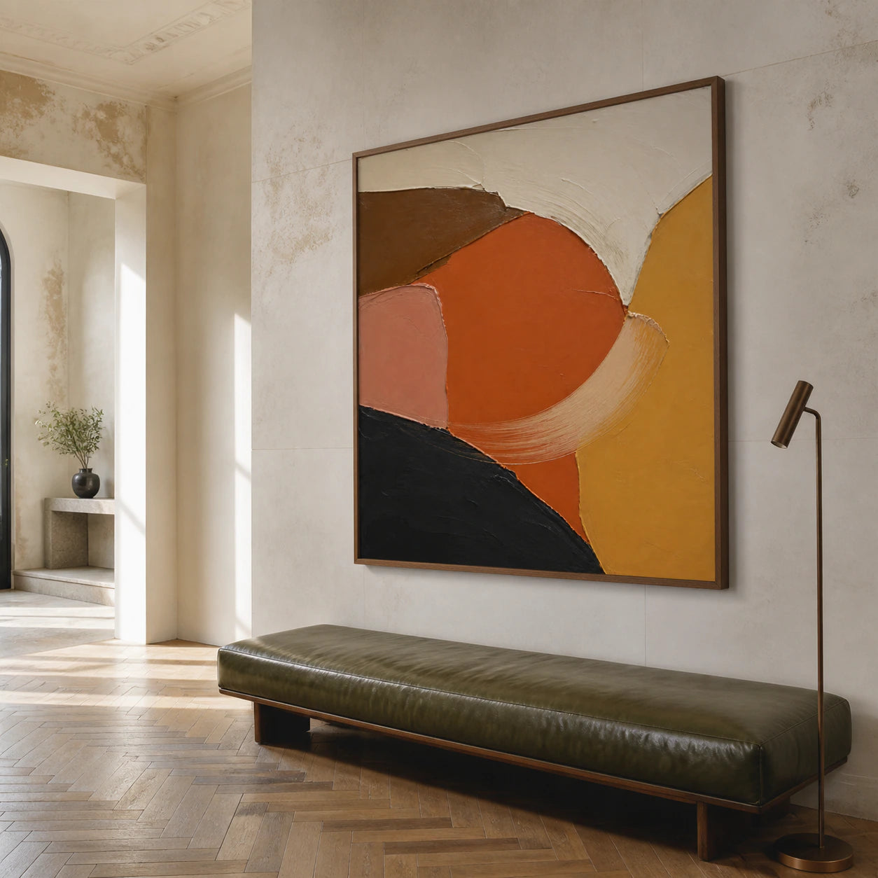 Ember-Contour displayed at gallery scale in a luminous stone foyer.