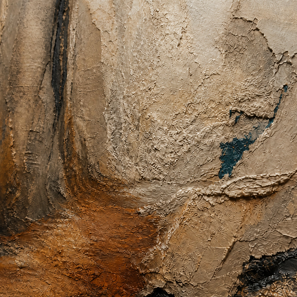 Ember-Fissure oil painting brushwork and impasto detail photographed from an oblique side angle