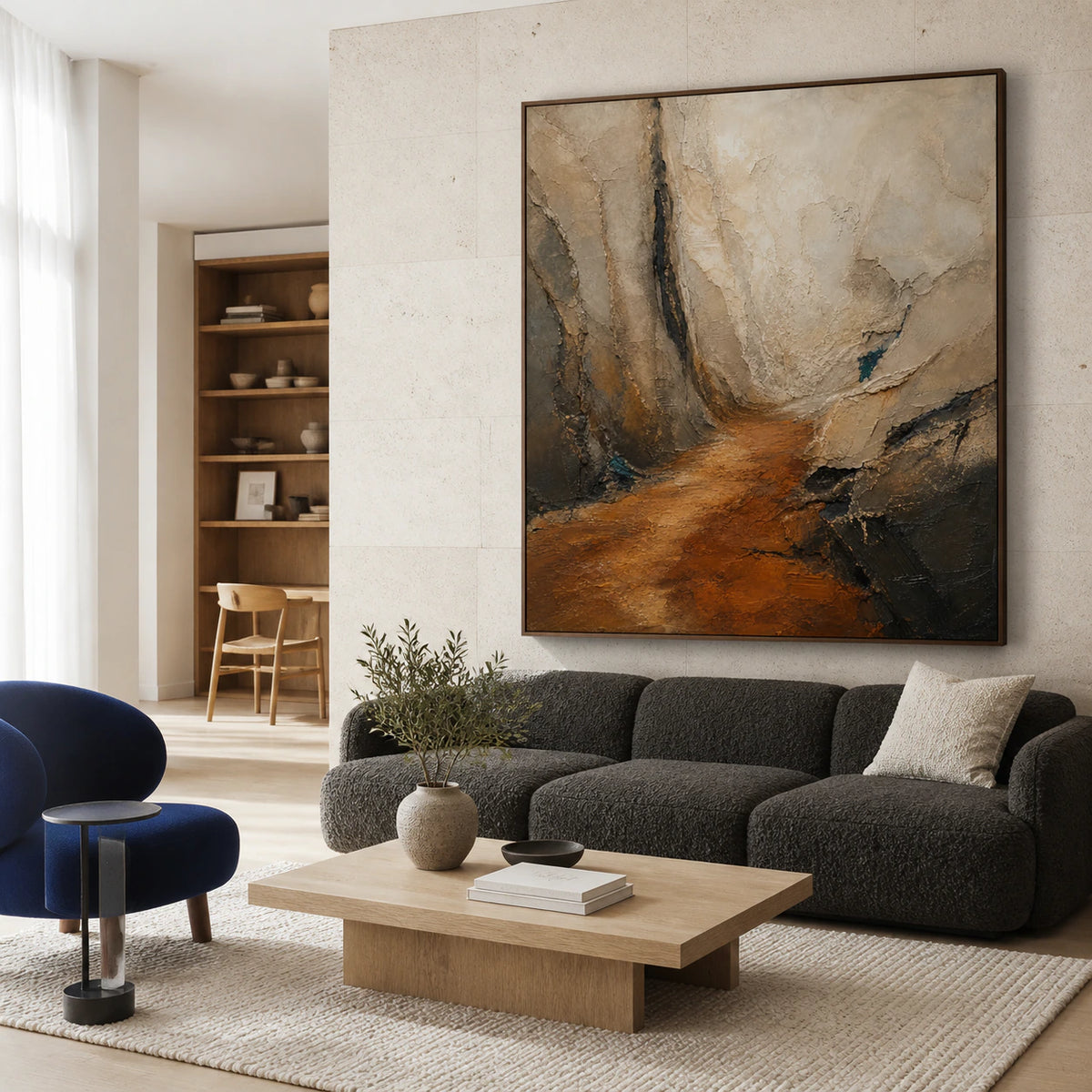 Ember-Fissure as the focal artwork in a bright contemporary living room.