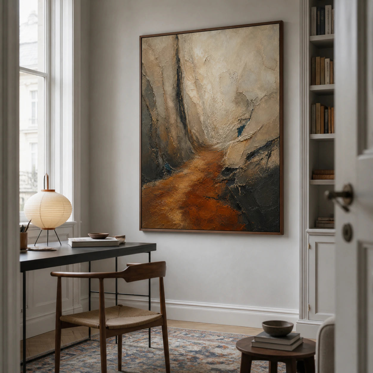 Ember-Fissure featured in an airy home office reading space.