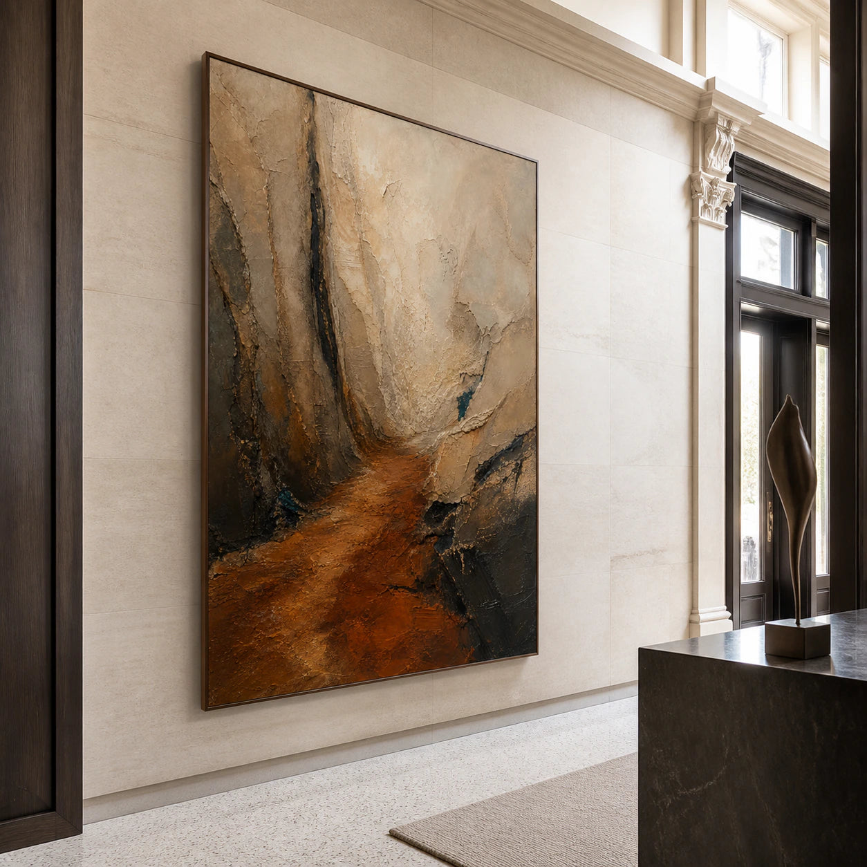 Ember-Fissure presented at gallery scale in a light-filled foyer.