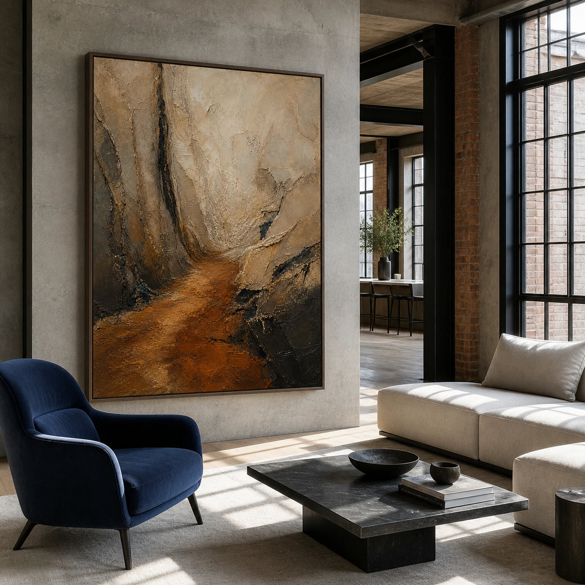 Ember-Fissure anchoring an expansive loft-style hospitality interior.