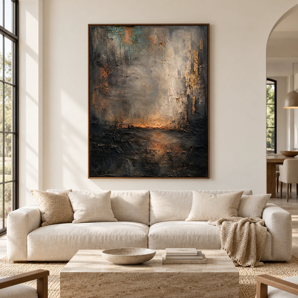 Straight-on view of Ember-Passage above a sofa on a broad wall in a spacious, daylight-filled interior with restrained neutral furnishings.
