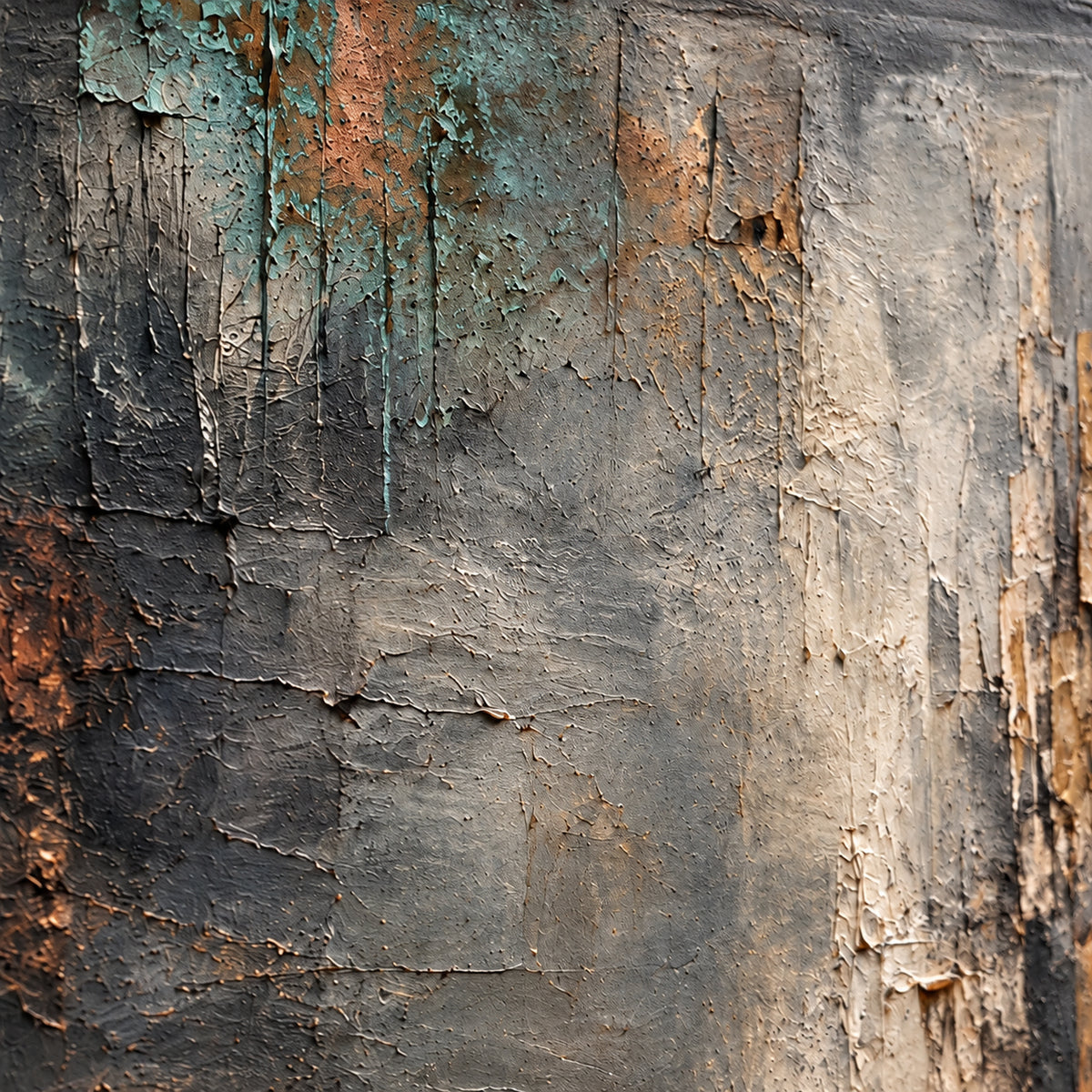 Oblique close-up of the Ember-Passage oil painting, with grazing light revealing raised paint, textured ridges and subtle shadows.