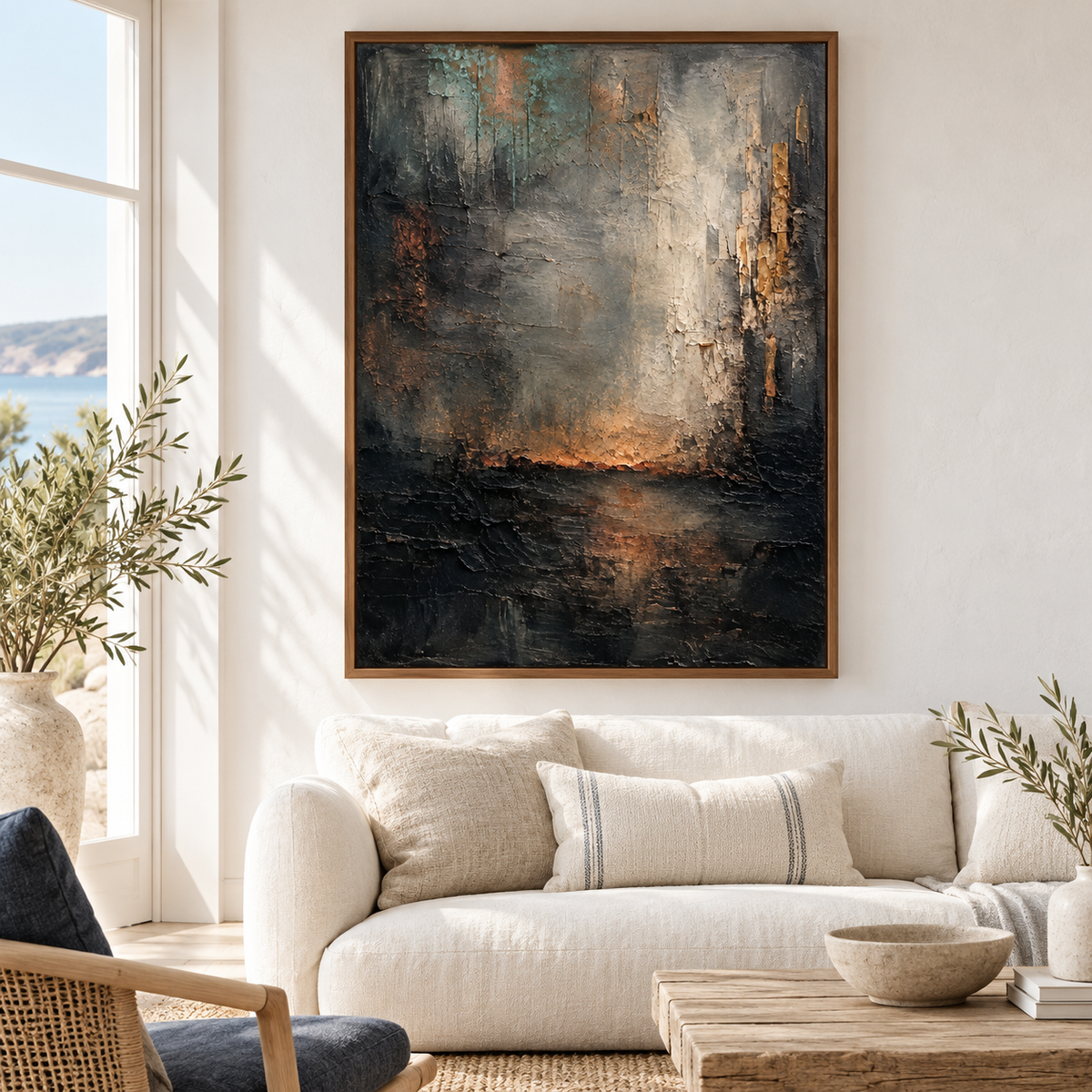 Ember-Passage above a low ivory sofa in a bright, open living room with plaster walls and windows, viewed slightly from the left.