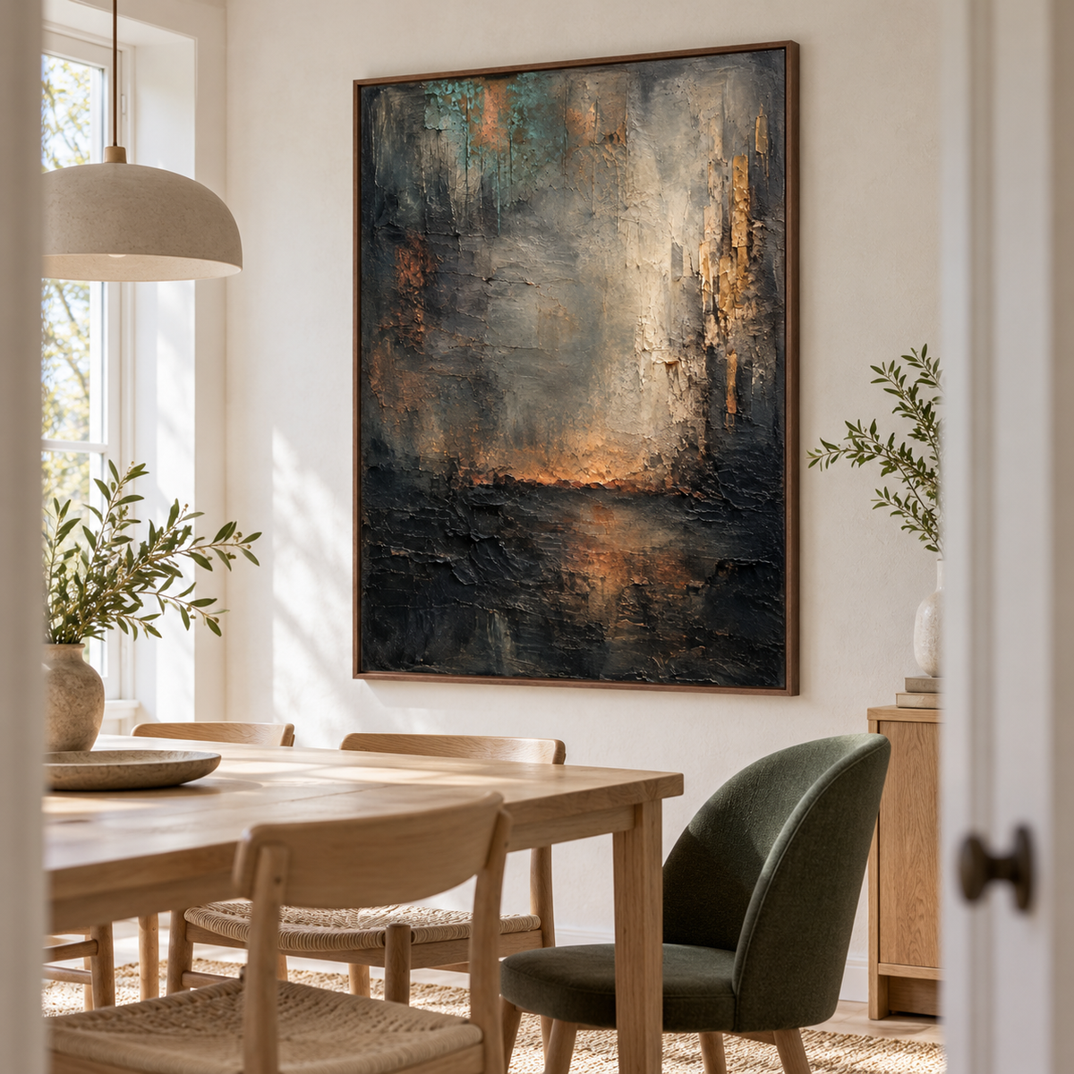 Ember-Passage on a light textured wall behind a long walnut dining table and pale upholstered chairs, viewed slightly from the right at seated eye level.