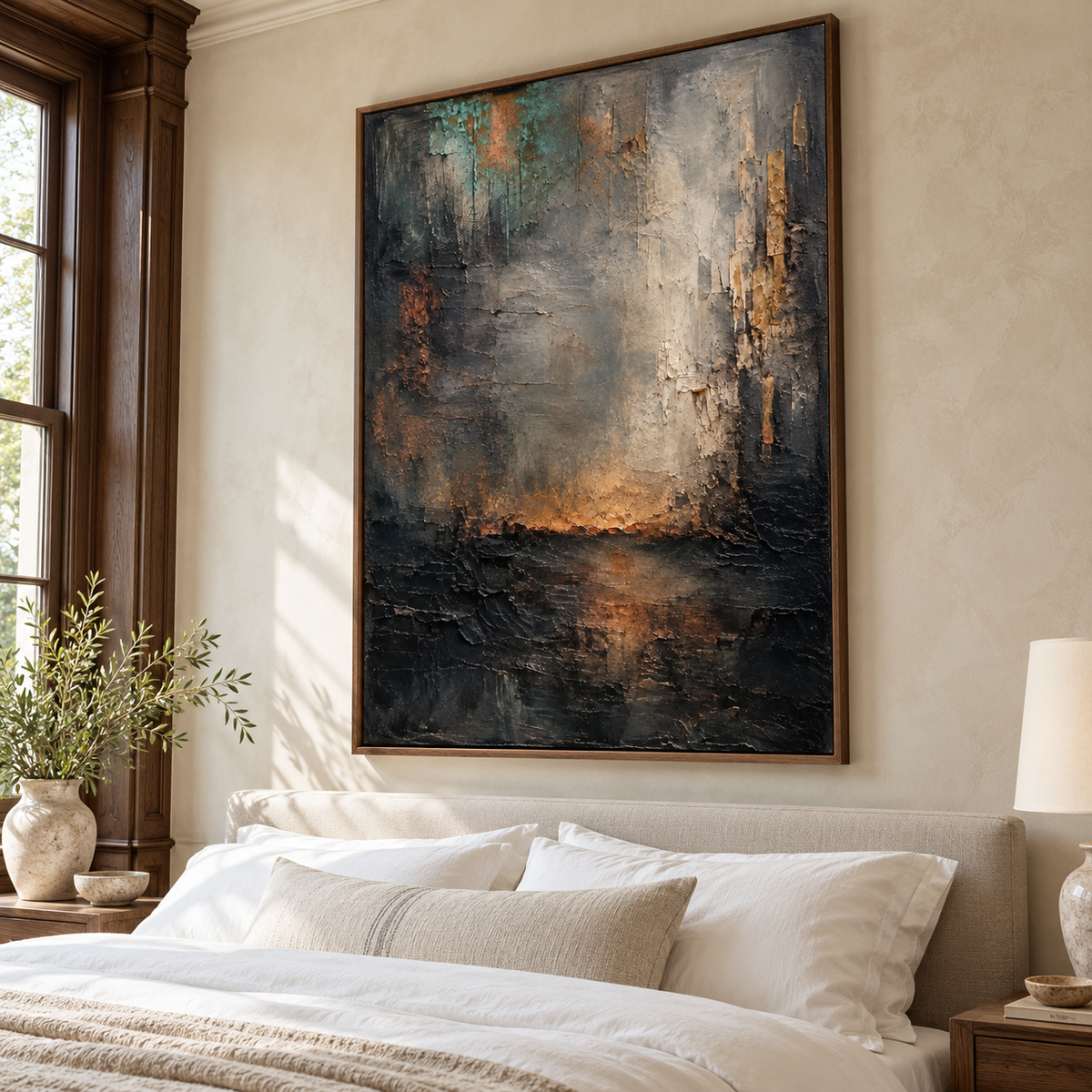 Ember-Passage above a simple upholstered bed with crisp white bedding in a bright bedroom, viewed from a low angle slightly to the left.