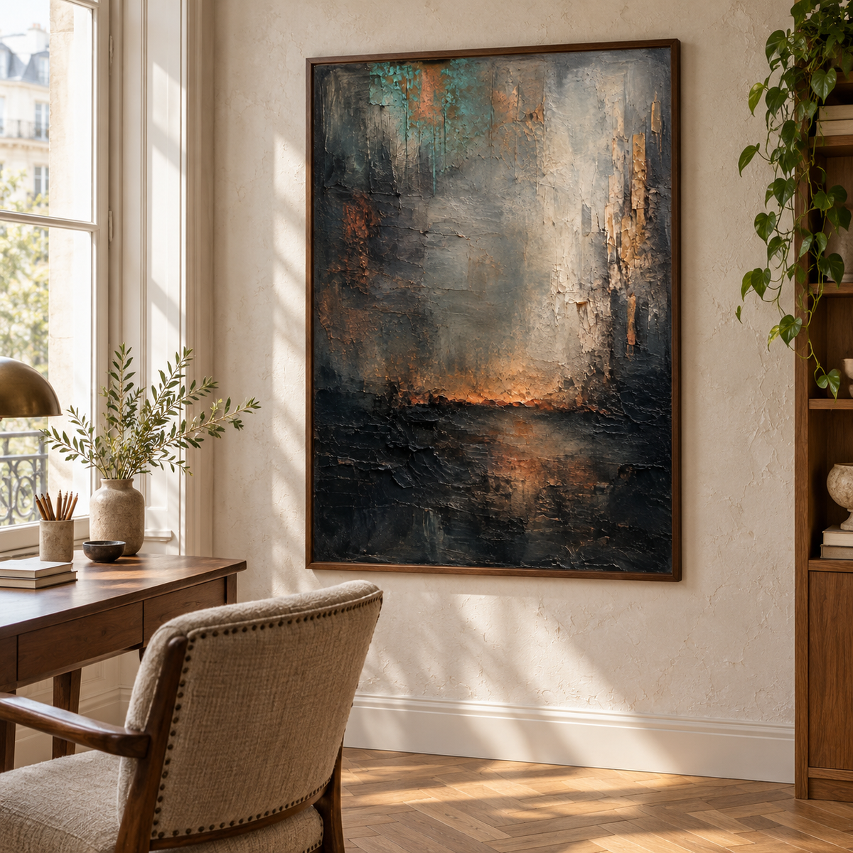 Ember-Passage on a pale wall in an airy home office with a slim dark wood desk, comfortable chair and side window, viewed from the right.
