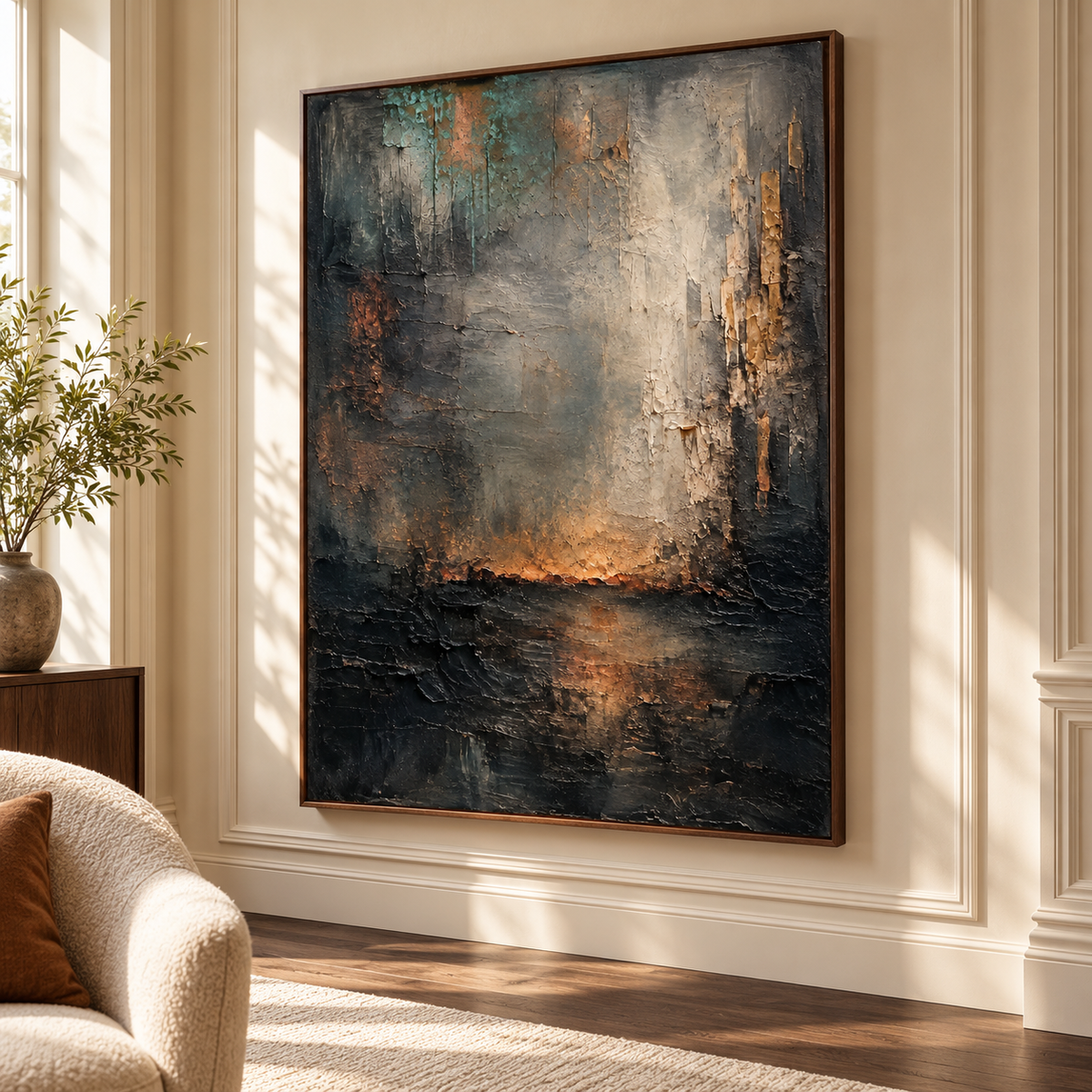 Ember-Passage on a broad wall in an expansive loft with tall industrial windows and a dark leather sofa, viewed from the right across the daylight-filled room.