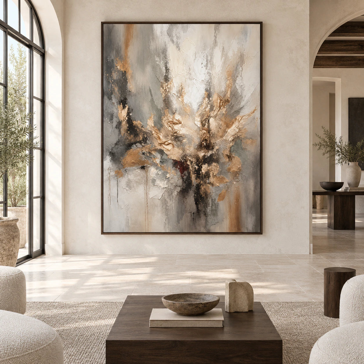 Large vertical ivory, gray, ochre, and charcoal textured abstract artwork displayed straight-on in a spacious architectural interior.