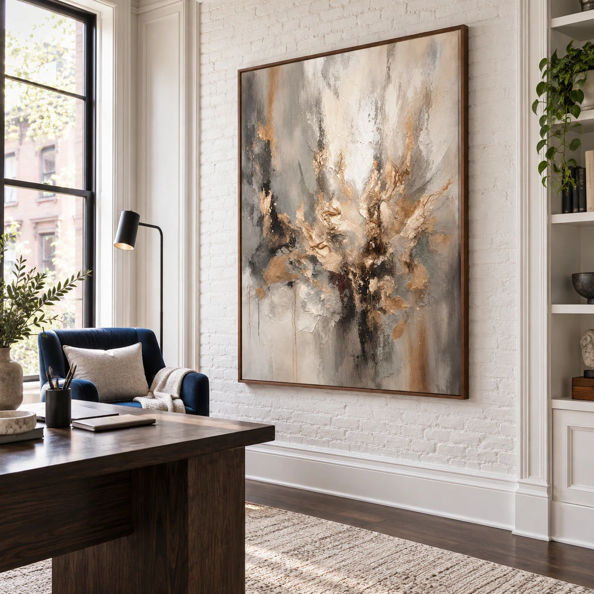 Tactile ivory and gray abstract painting in an airy home office reading space.