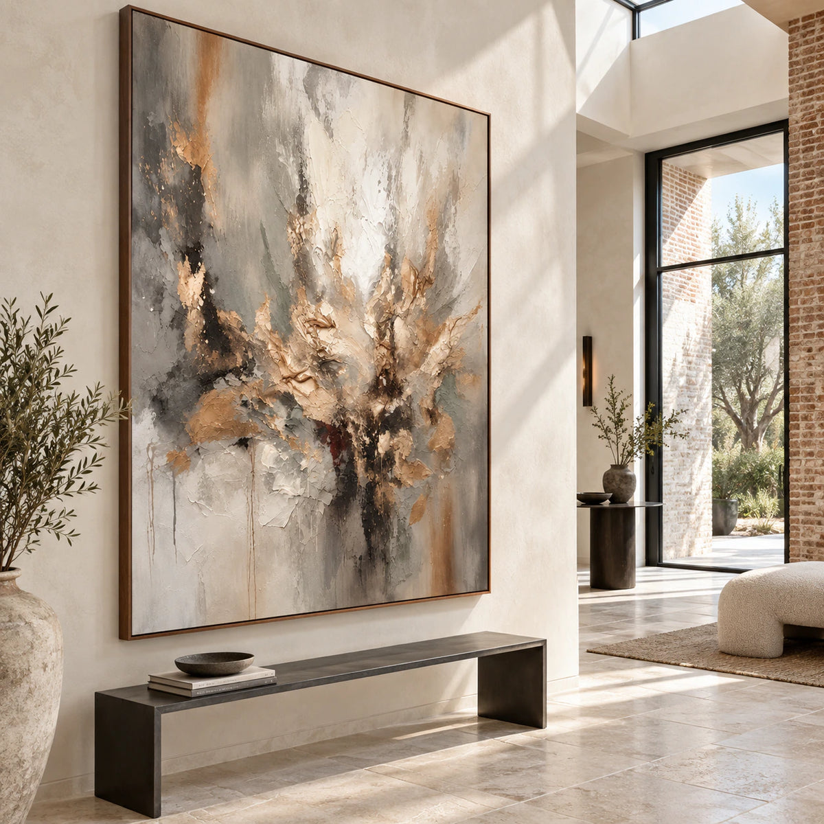Large textured vertical abstract artwork in a gallery-scale foyer with daylight and stone detail.