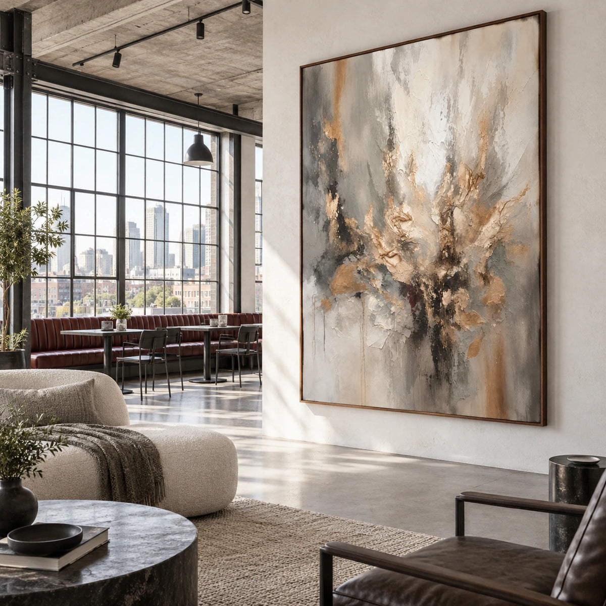 Vertical ivory, ochre, and charcoal abstract painting featured in an expansive hospitality loft interior.
