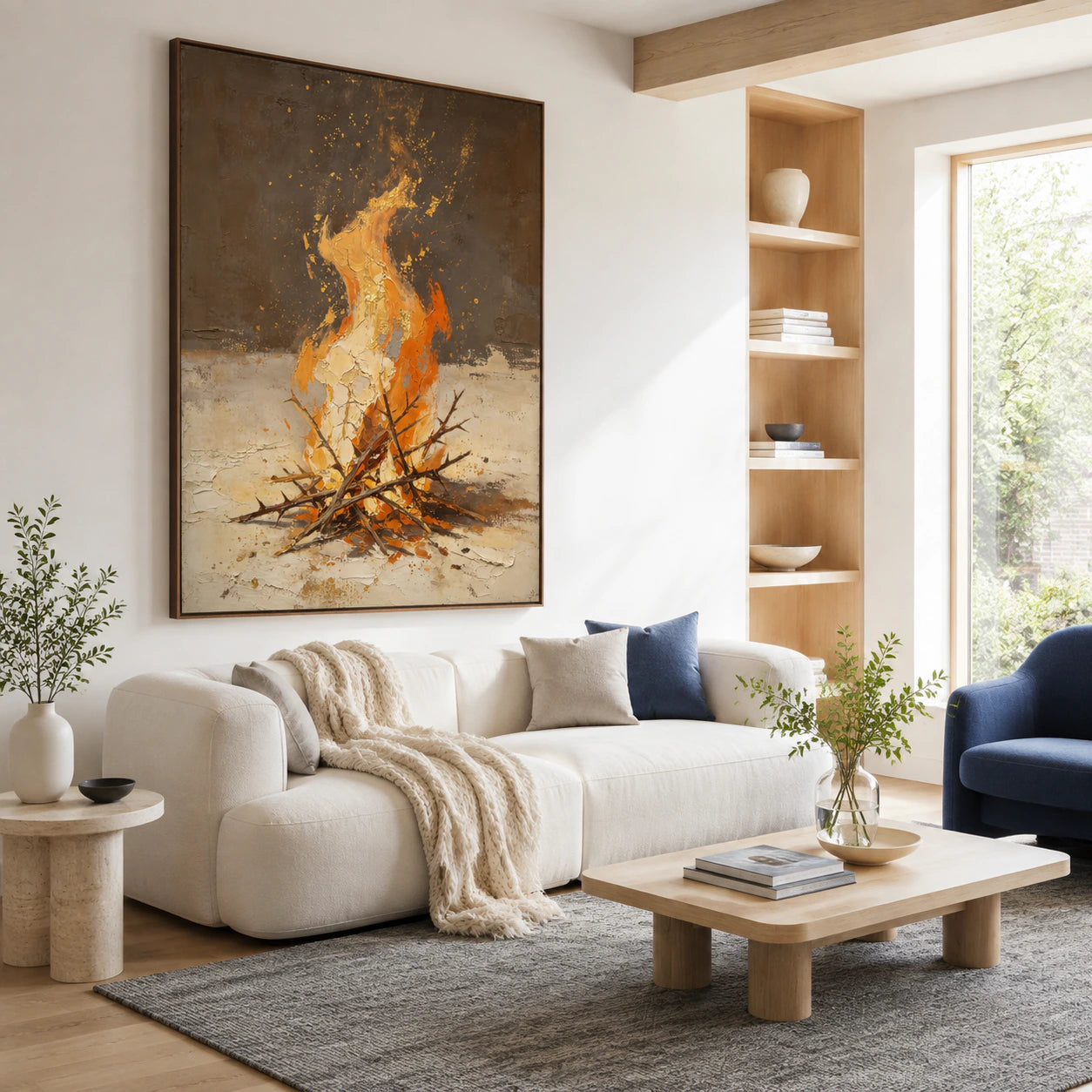 Ember-Relic above a restrained sofa in a bright contemporary living room.