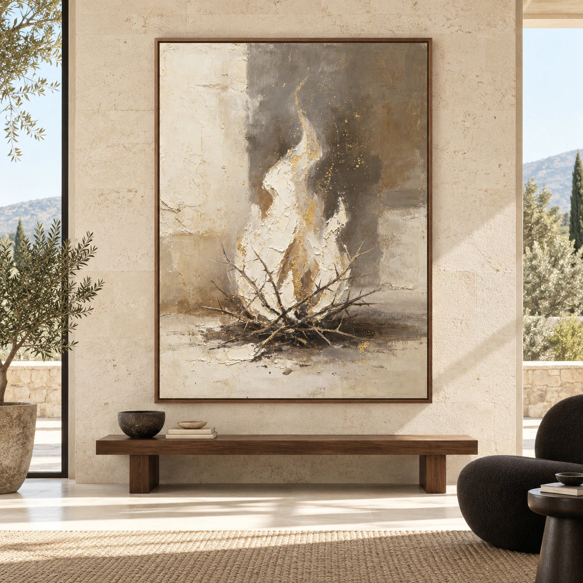 Large vertical Ember-Shelter painting displayed straight-on in a spacious architectural interior.
