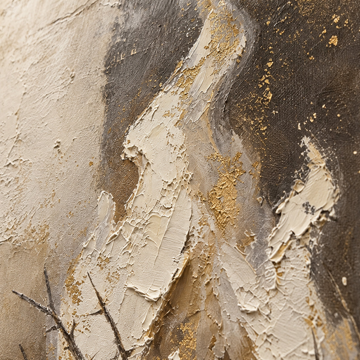 Ember-Shelter oil painting brushwork and impasto detail photographed from an oblique side angle