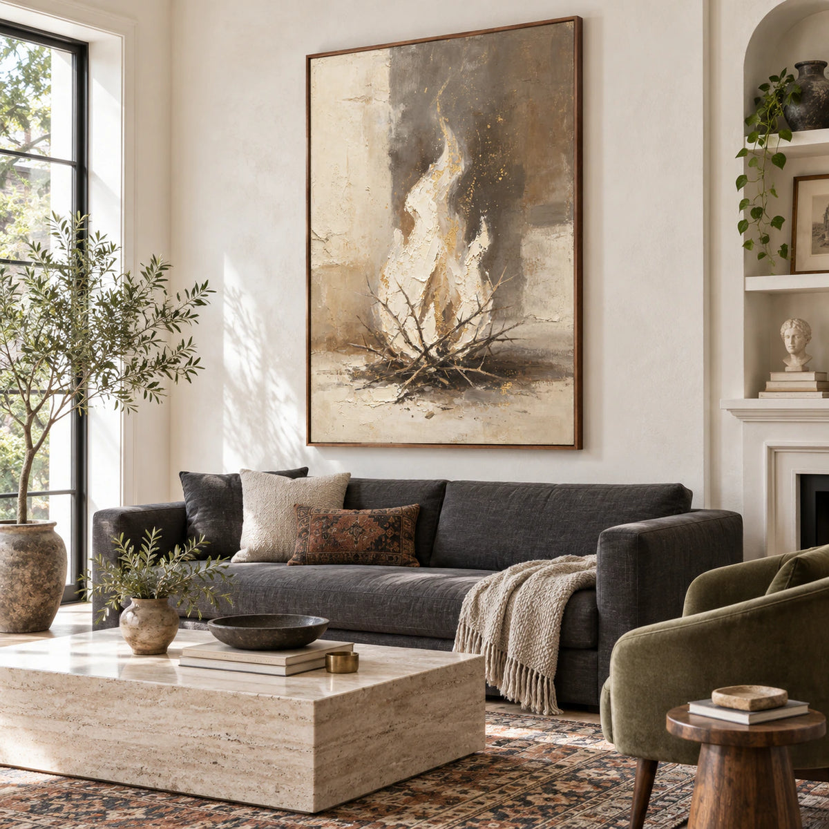 Ember-Shelter as a large focal artwork in a bright contemporary living room.