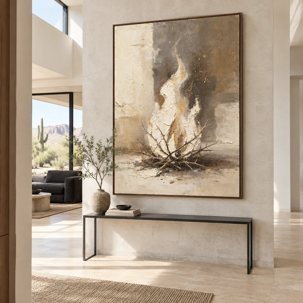 Ember-Shelter at gallery scale in a bright, sculptural foyer.