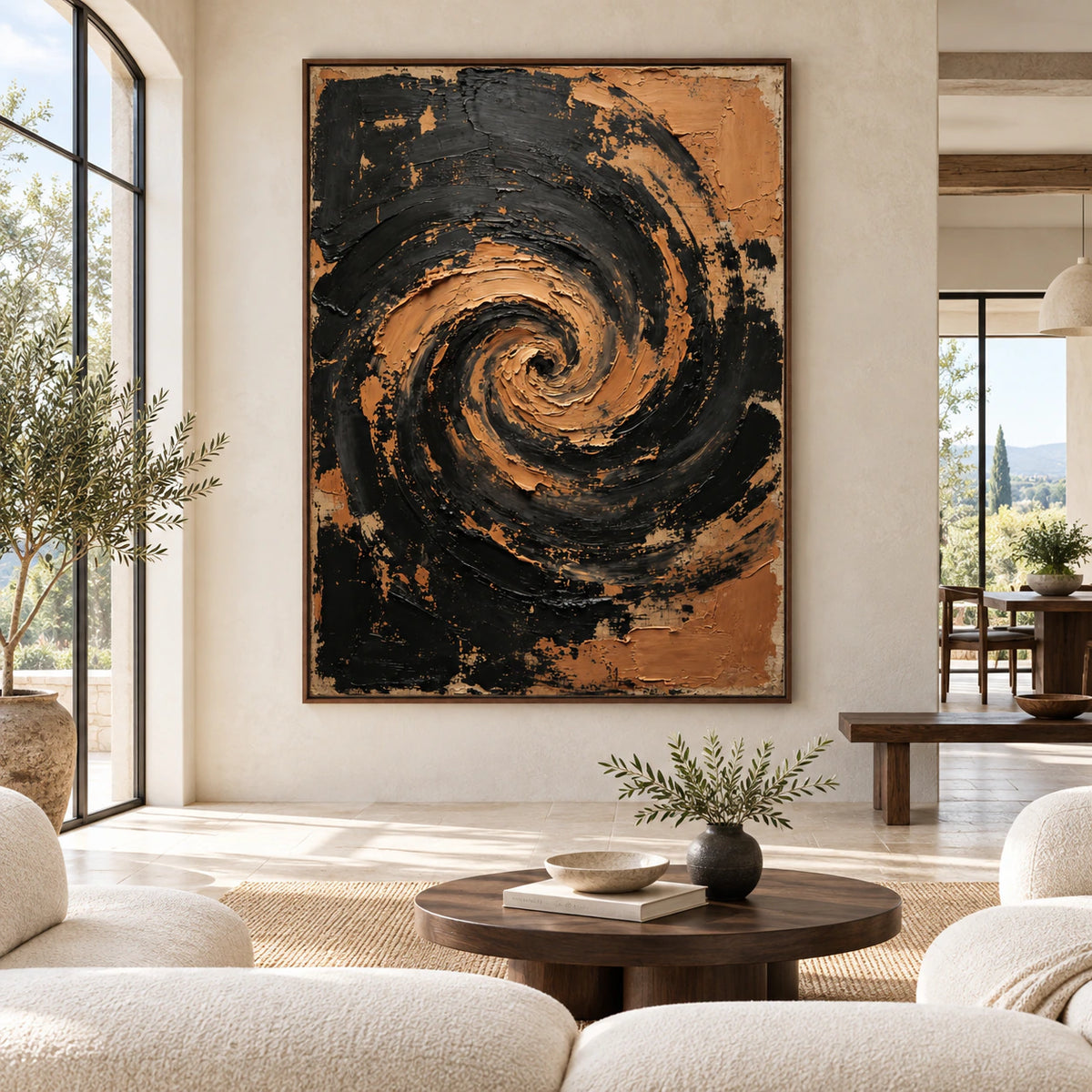 Large vertical black and ochre spiral painting displayed straight-on in a spacious daylight-filled architectural living room.