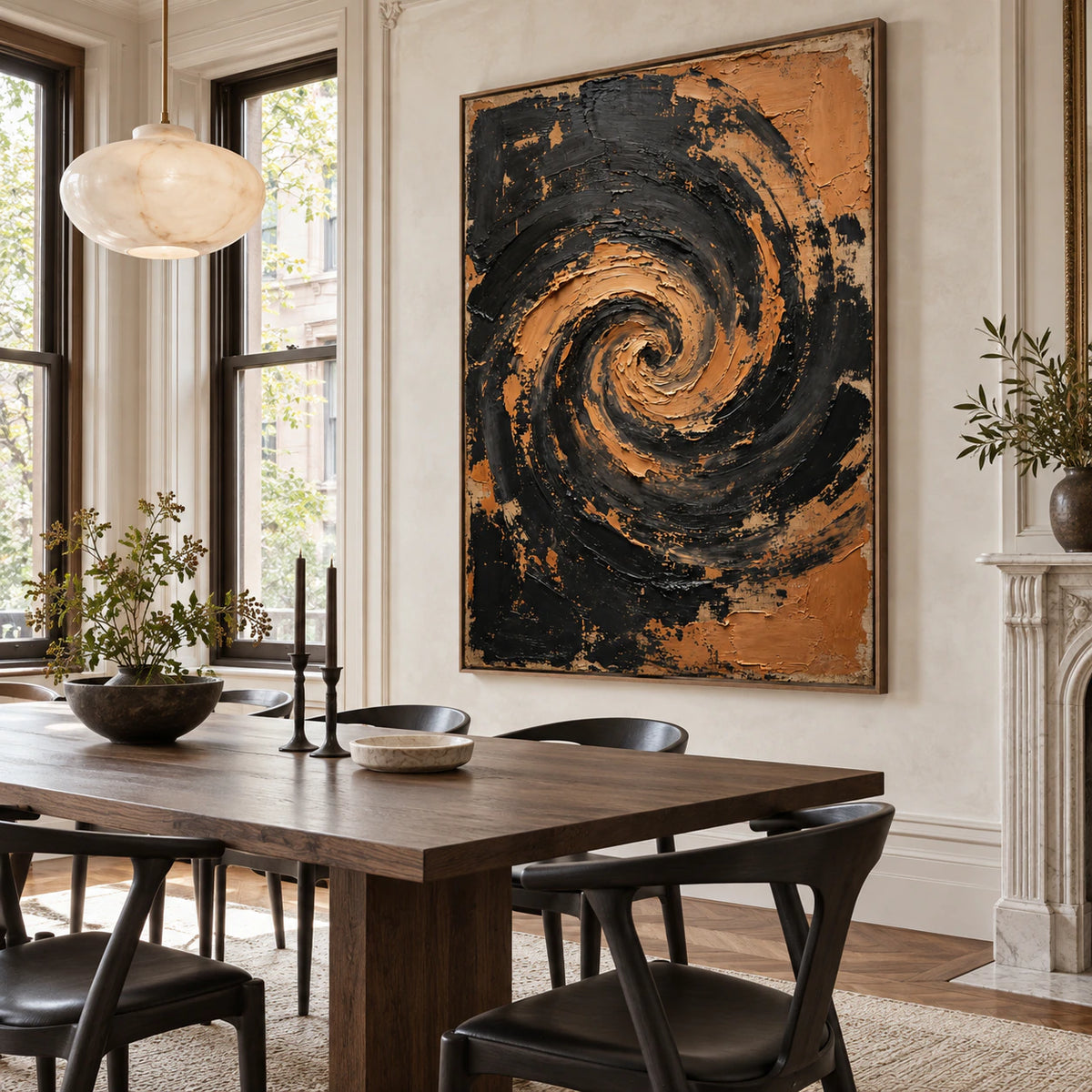 Large vertical black and ochre spiral painting in a refined daylight dining room with sculptural furnishings.