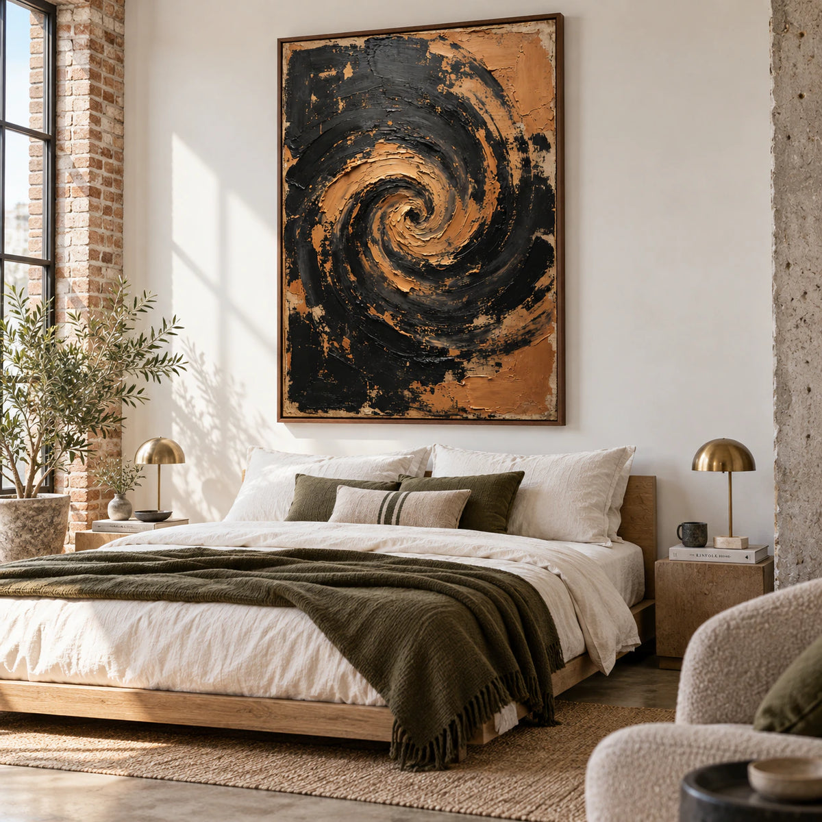 Large vertical black and ochre spiral painting in a quiet, light-filled bedroom.