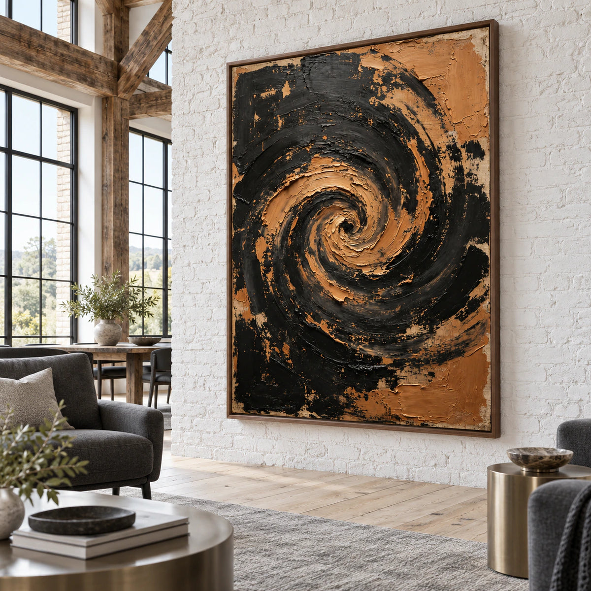 Large vertical black and ochre spiral painting in an expansive, daylight-filled loft hospitality interior.
