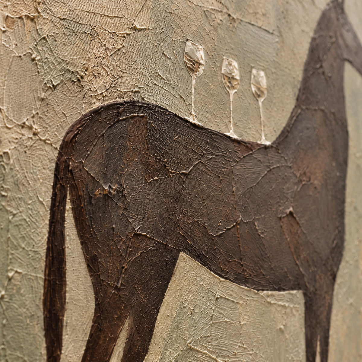 Equine-Interlude oil painting brushwork and impasto detail photographed from an oblique side angle