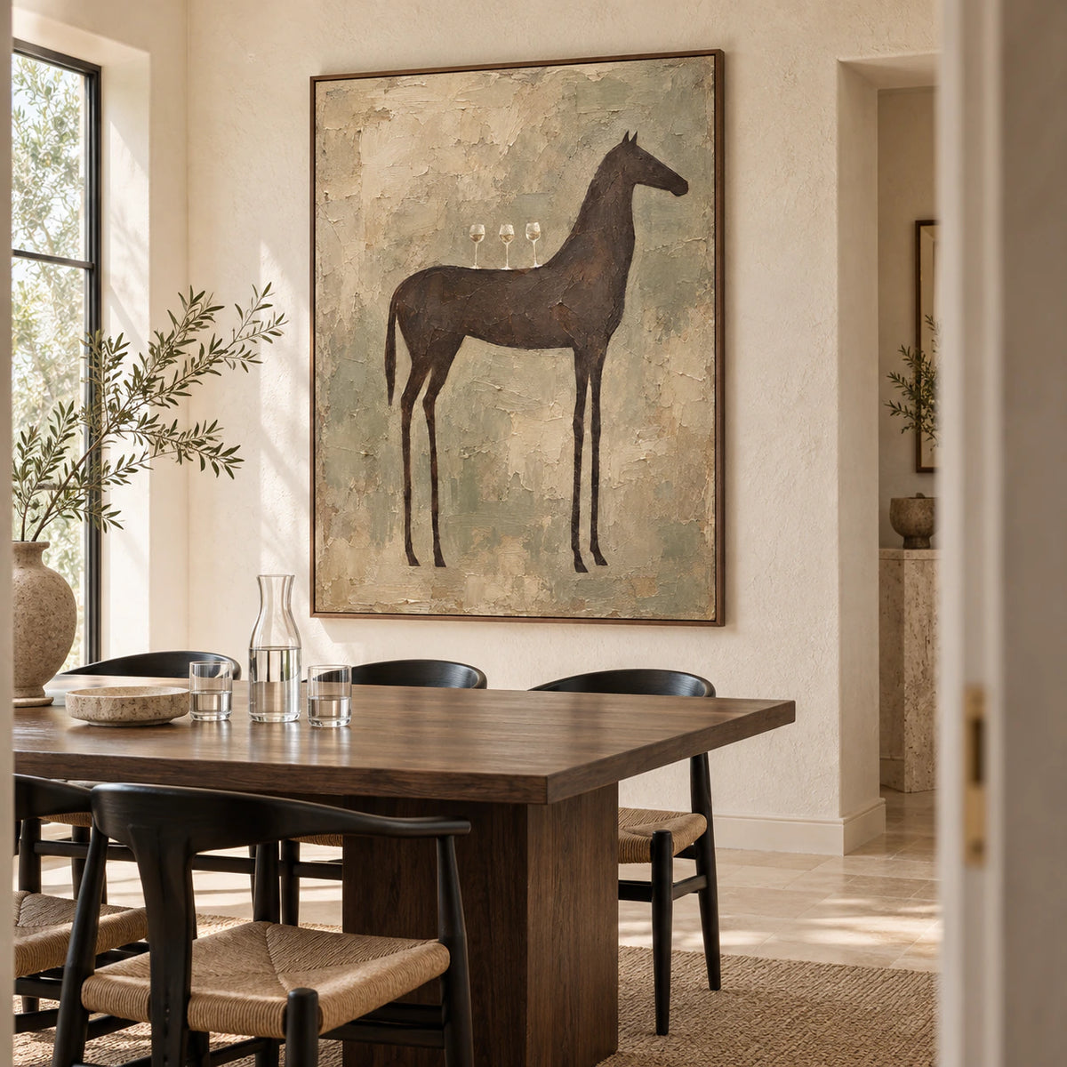 Equine-Interlude above a refined dining setting in natural daylight.