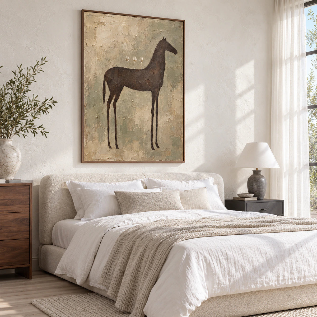 Equine-Interlude bringing tactile presence to a quiet neutral bedroom.