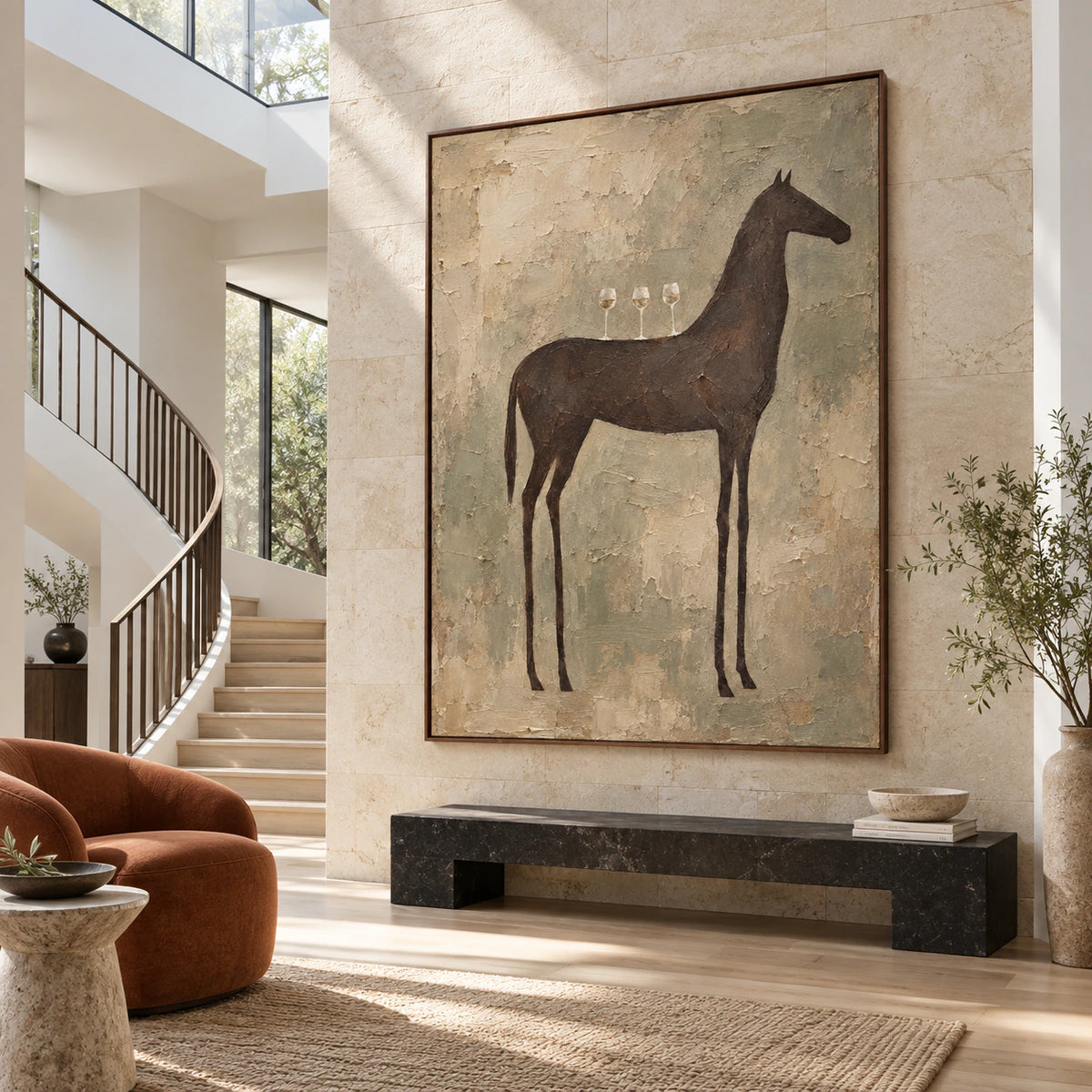Equine-Interlude at gallery scale in a bright sculptural foyer.
