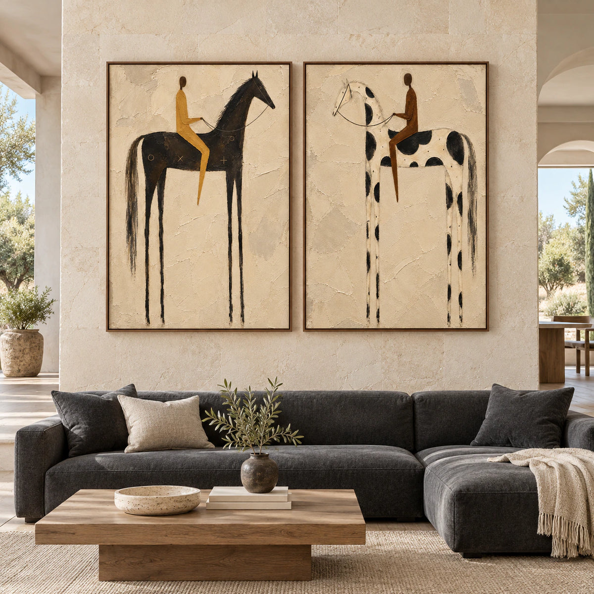 Large straight-on gallery view of the Equine-Quiet diptych in matching slim walnut frames.