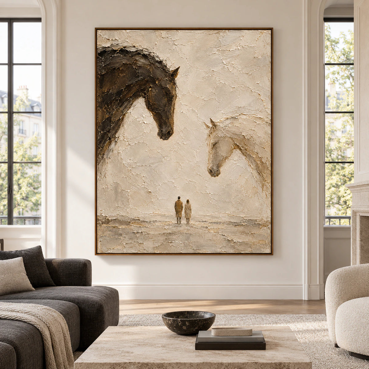 Large vertical artwork of two small figures beneath oversized horse heads displayed straight-on in a spacious, bright room.
