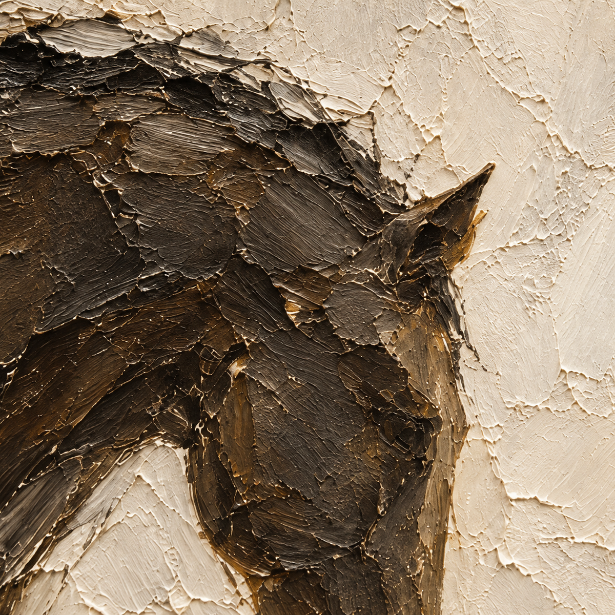 Equine-Vigil oil painting brushwork and impasto detail photographed from an oblique side angle
