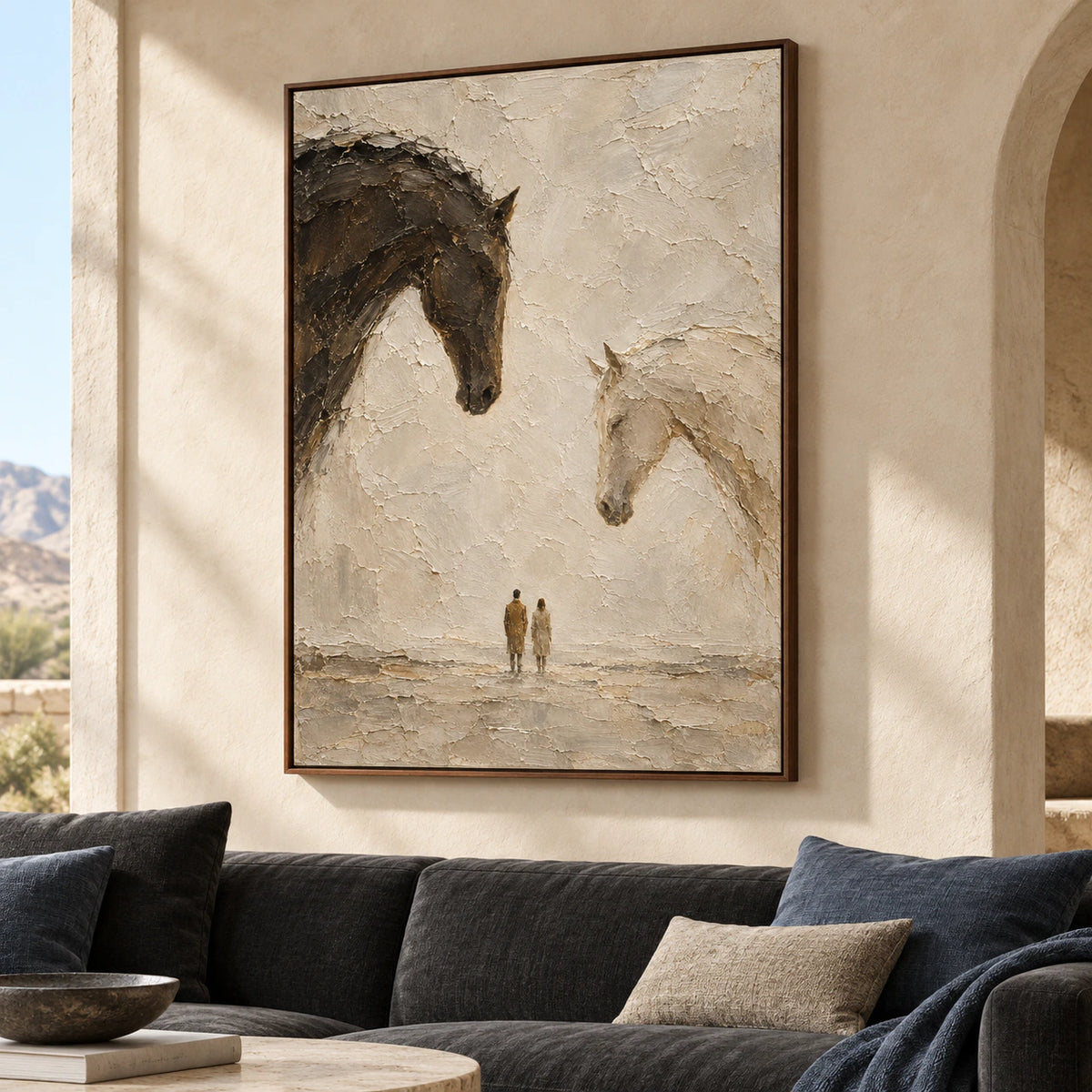 Large vertical horse-head painting above a low charcoal sofa in a bright living room.
