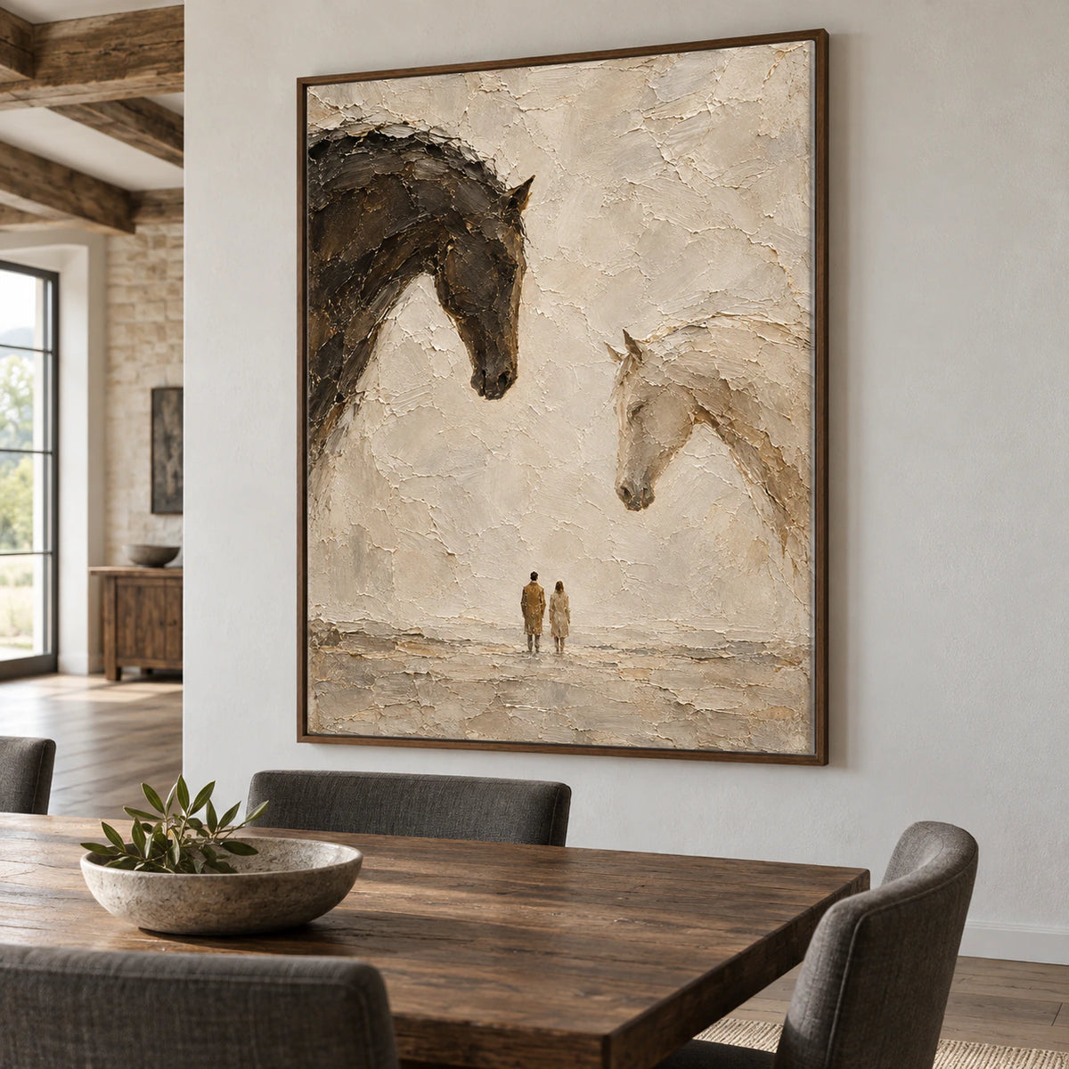 Large vertical horse-head artwork on a pale wall in a refined dining room with dark wood furniture.