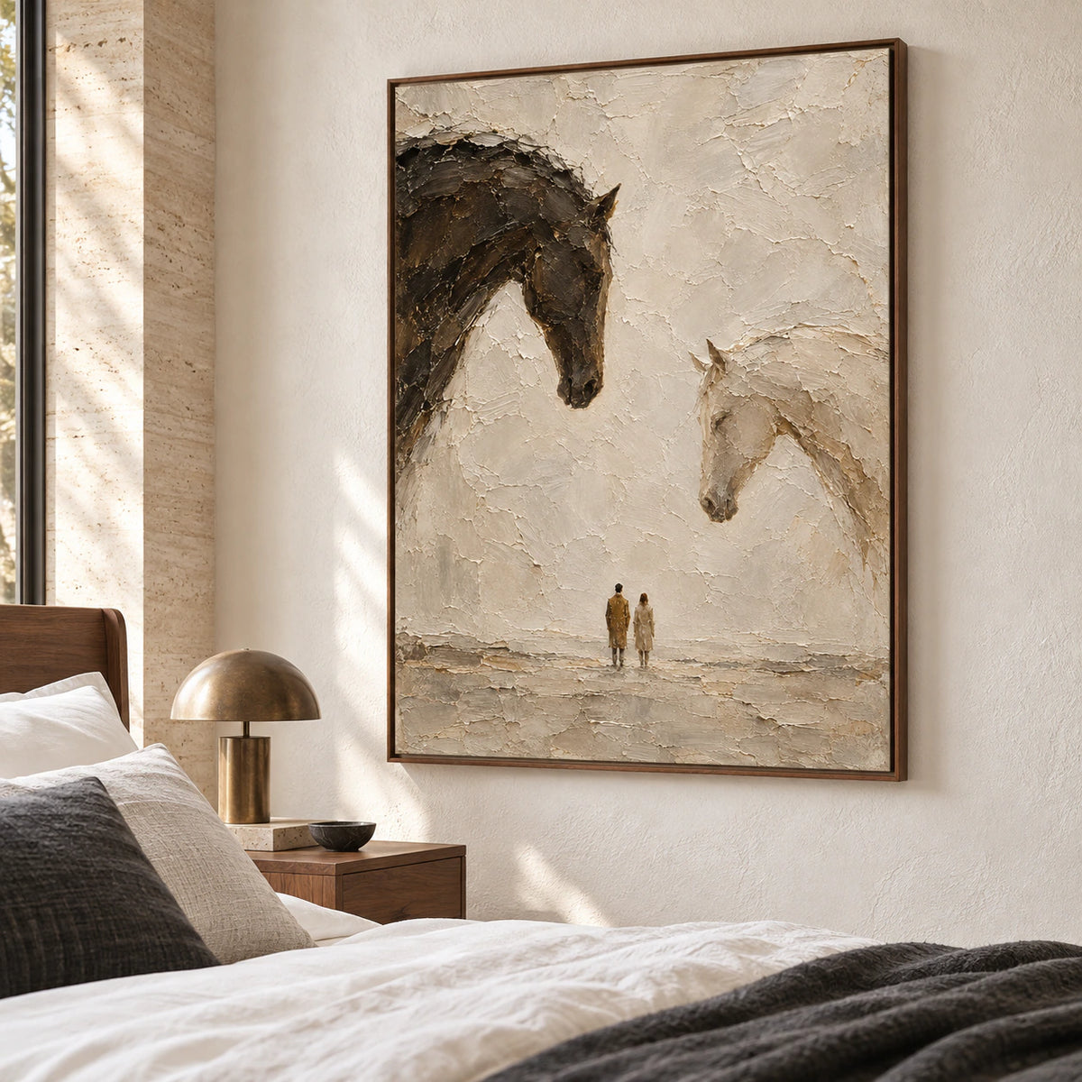 Large vertical painting above a simple walnut bed in a quiet, daylight-filled bedroom.