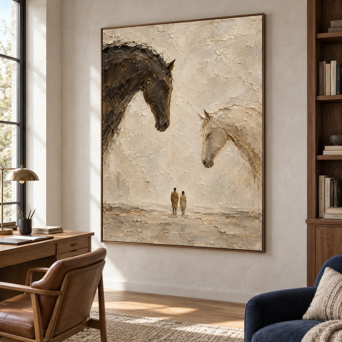 Large vertical artwork beside a light oak desk in an airy home office.