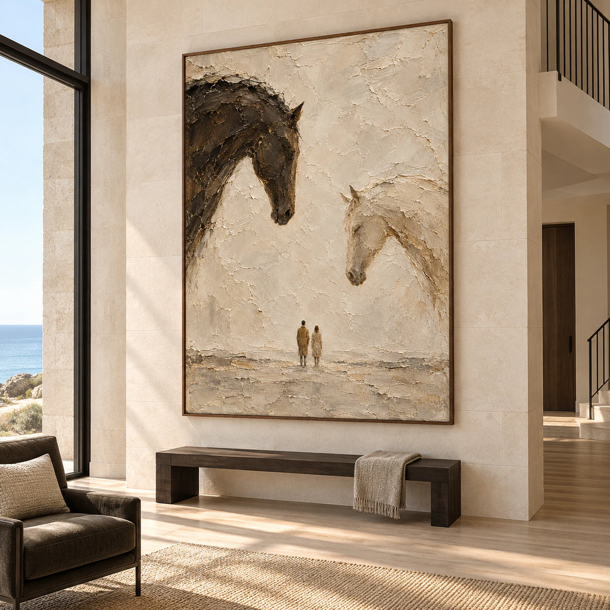 Large vertical horse-head painting commanding a bright gallery-scale foyer with stone flooring.