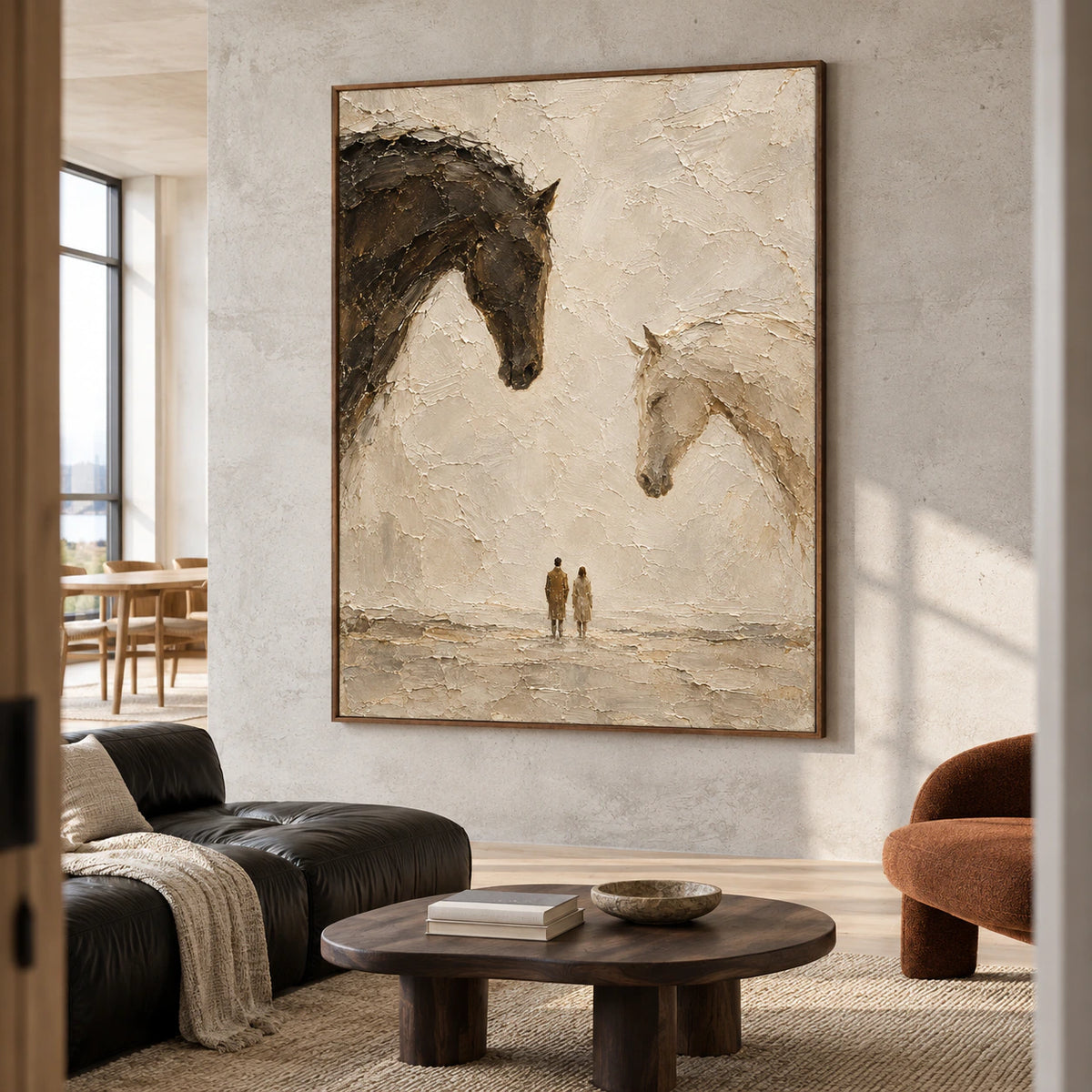 Large vertical artwork displayed prominently in an expansive loft interior with restrained furnishings.