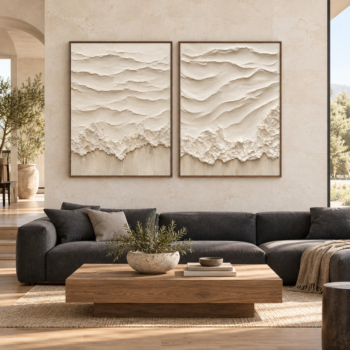 Large straight-on interior view of the Eroded-Contours ivory relief diptych in slim walnut frames.
